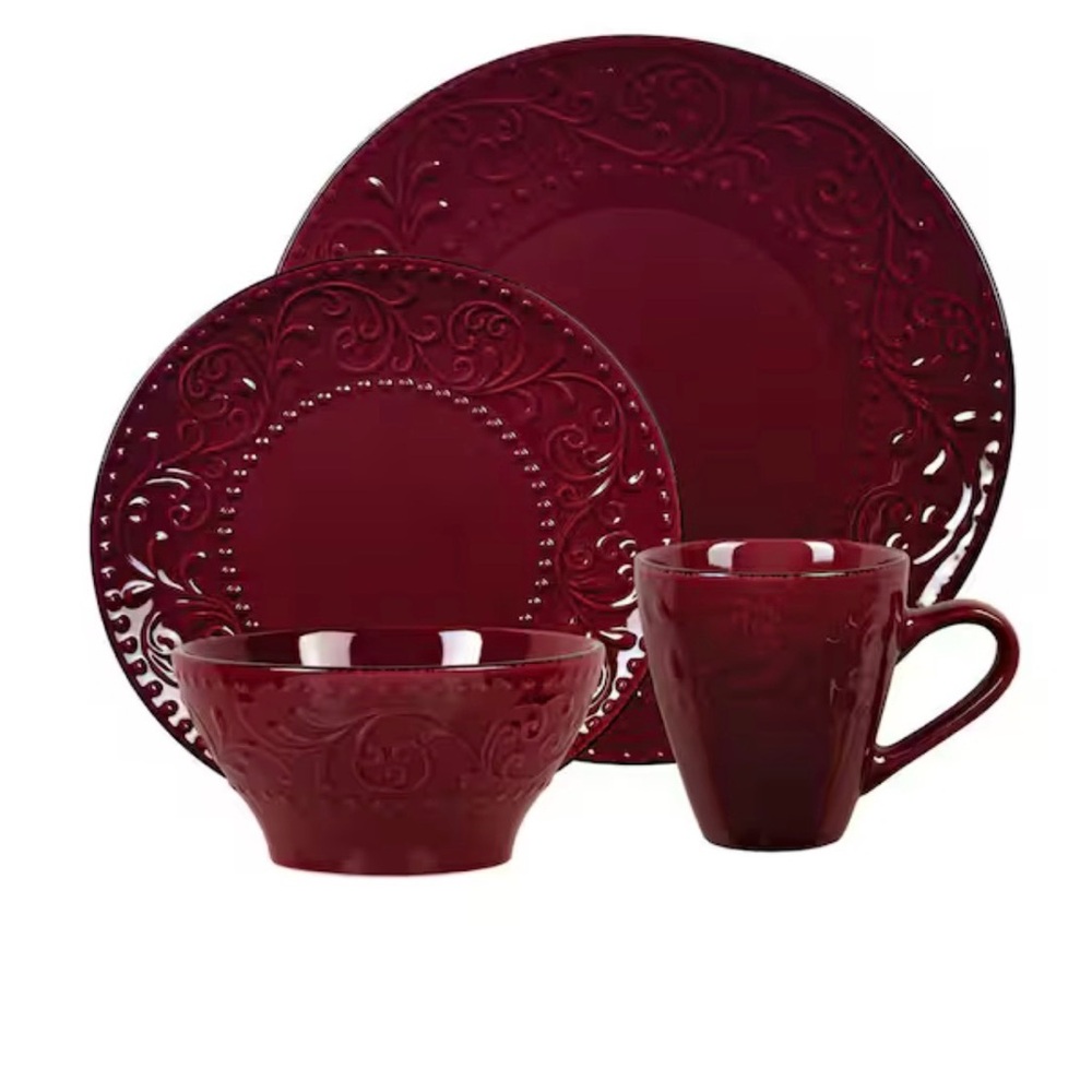 Lorren Home Trends
16-Piece Lorren Home Stoneware Scroll Dinnerware Set-Merlot